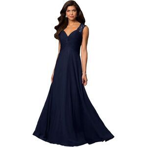 Empire Waist Long Dress Ruched Bodice Lace Back navy blue medium